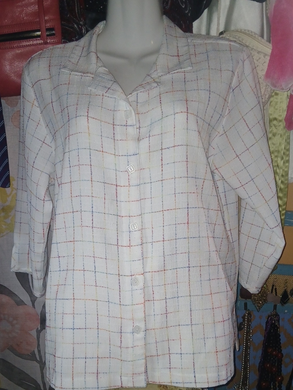 90s Vintage White & Rainbow Plaid Button-Front 3/4 Sleeve Shirt
